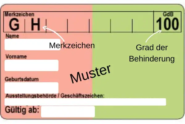 Ein Muster eines Schwerbehindertenausweises mit den Merkzeichen G und H sowie dem Grad der Behinderung (GdB) 100.