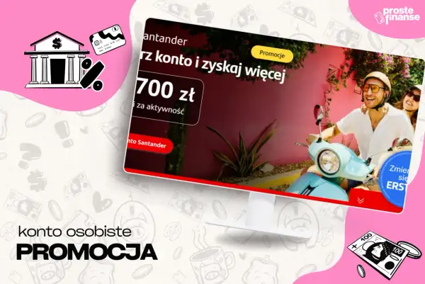 Grafika z bankiem, kartą, procentem i parą na skuterze. Promocja konta.