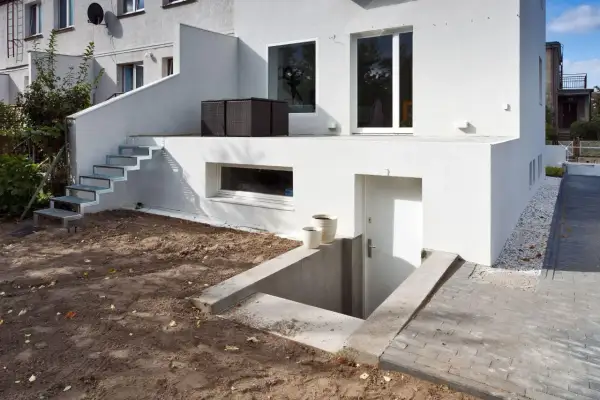 Nowe zejście do piwnicy na zewnątrz, z betonowymi schodkami i metalowymi stopniami prowadzącymi do drzwi.