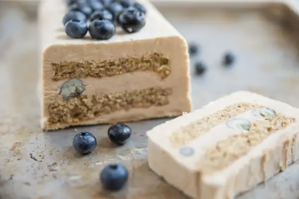 Semifreddo al caffè con 3 ingredienti, decorato con mirtilli freschi. Un dolce goloso e facile da preparare.