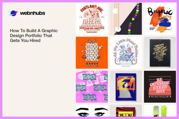 A graphic design portfolio showcasing diverse projects like pizza logos, abstract art, and typography, offering inspiration for building a strong creative portfolio.
