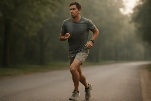 Un homme court sur une route brumeuse, déterminé à battre son record personnel de 10 km, même à 70 ans.