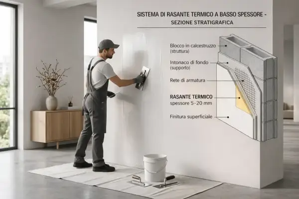 Operaio applica rasante termico a basso spessore, mostrando la stratigrafia con blocchi, intonaco, rete e finitura.