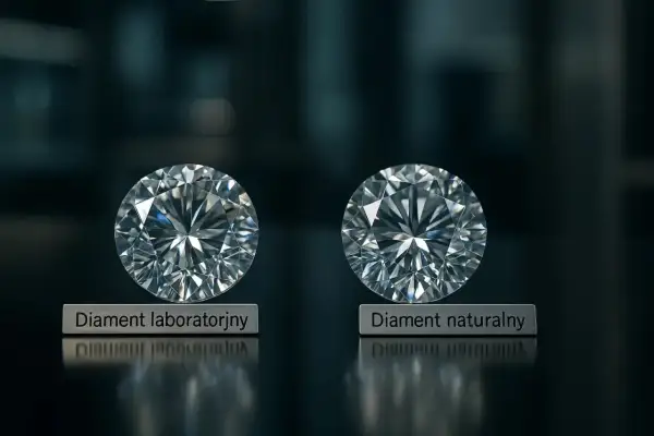 Dwa diamenty, laboratoryjny i naturalny, lśnią na czarnym tle. Wycena diamentów wymaga precyzji.