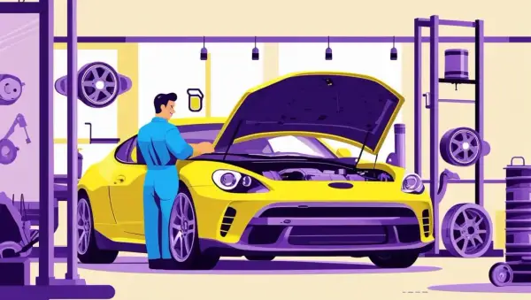 Meccanico in officina controlla il motore di un'auto gialla con il cofano aperto. Il tagliando è obbligatorio per la sicurezza.