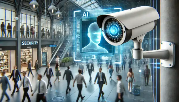 Une caméra de surveillance IA analyse les flux de personnes dans un centre commercial.