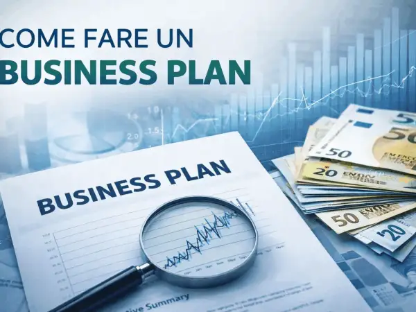 Modello business plan excel gratis: un documento con grafici, lente d'ingrandimento e banconote.