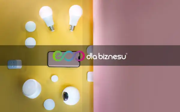 Inteligentne żarówki, głośnik, wtyczka i telefon. Nowoczesna energia elektryczna jednostka dla domu i biznesu.
