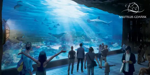 Ludzie podziwiają rekiny i płaszczki w ogromnym akwarium w oceanarium Nautilus Gdańsk.