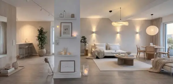 Idee per come abbellire un pilastro in soggiorno: mensole con quadri, candele e decorazioni.