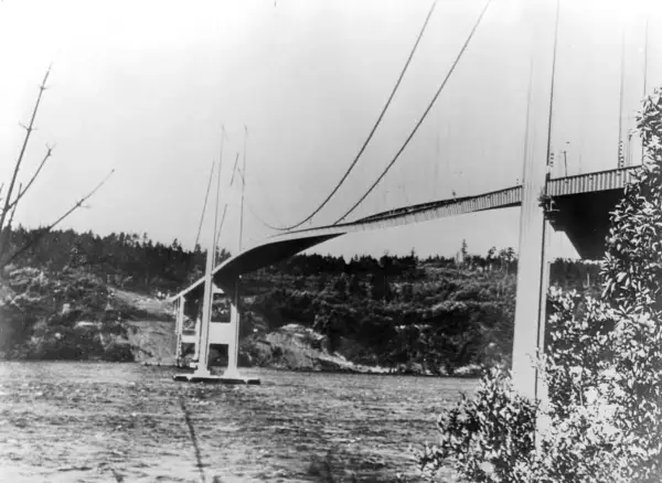 Die Tacoma-Brücke überspannt ein Gewässer, umgeben von bewaldeten Hügeln.