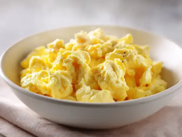 En skål med fluffiga, gyllene äggröra, perfekt för en god frukost.