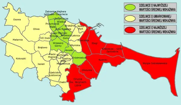 Mapa dzielnic Gdańska z podziałem na wskaźniki: zielone (najwyższe), żółte (umiarkowane), czerwone (najniższe).
