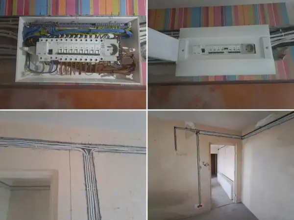 Widok na rozdzielnicę elektryczną i wykonane bruzdowanie pod kable w ścianach.