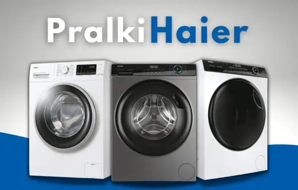 Trzy nowoczesne pralki Haier prezentują się obok siebie. Sprawdź pralka Haier opinie i wybierz najlepszy model dla siebie.