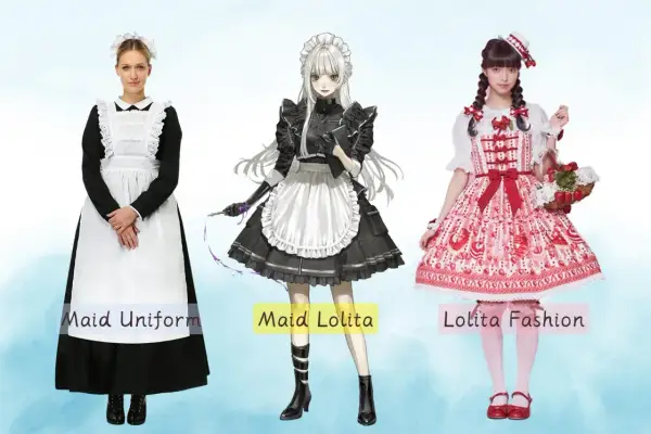 Trzy stroje: klasyczny strój sprzątaczki damski, strój "Maid Lolita" i sukienka w stylu Lolita.