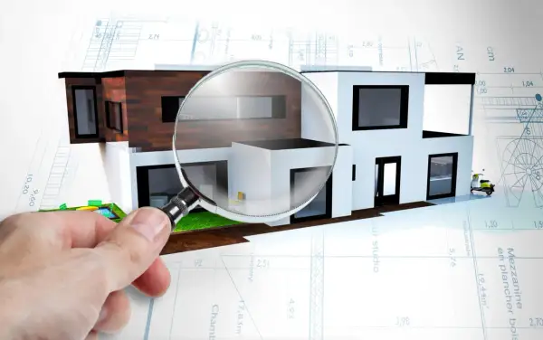 Szczegółowy przegląd 5 letni budynku z planami architektonicznymi i lupą.