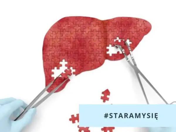 Wątroba z puzzli, którą składają szczypce. Badanie na obecność hbs antygen to klucz do zdrowia. #STARAMYSIĘ