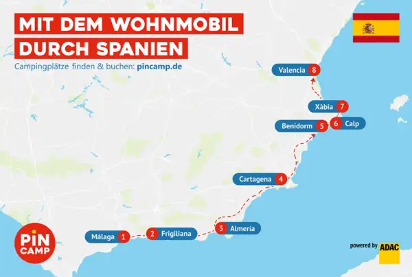 Karte zeigt eine Route für einen Roadtrip mit dem Wohnmobil durch Spanien, von Málaga über Almería, Cartagena, Benidorm bis Valencia.