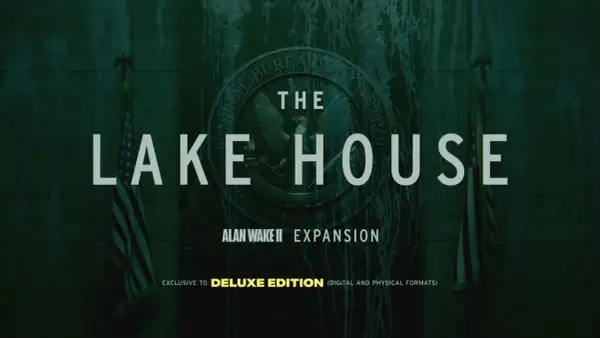 Grafika z napisem "The Lake House", logo Federal Bureau of Control i flagą USA.