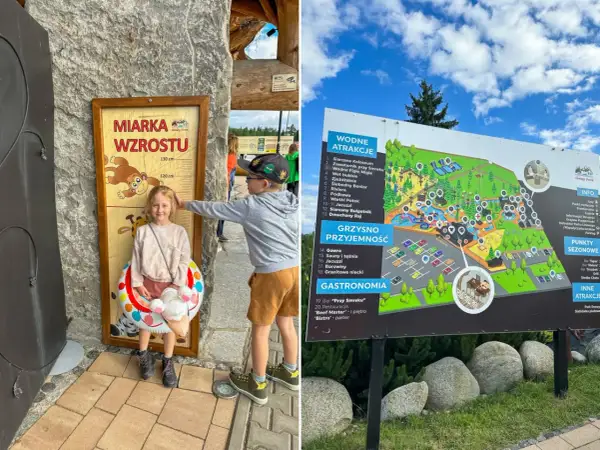 Dzieci mierzą wzrost przy tablicy w Białce Tatrzańskiej. Obok mapa atrakcji dla dzieci: wodne, grzyśno przyjemność i gastronomia.