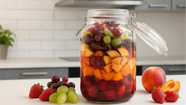 Bunte Früchte wie Erdbeeren, Aprikosen und Trauben schichten sich in einem Glas für ein Rumtopf Rezept.