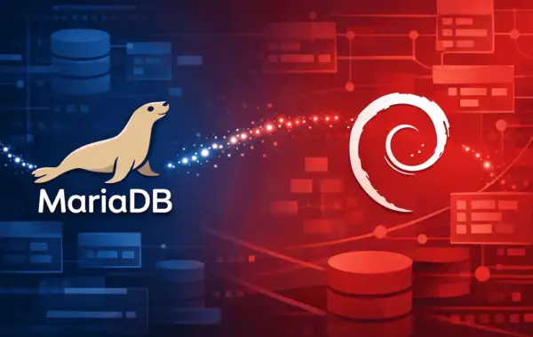 Le logo MariaDB, avec son phoque, est relié par des particules lumineuses au logo Debian. L'image symbolise l'intégration de MariaDB sur Debian.