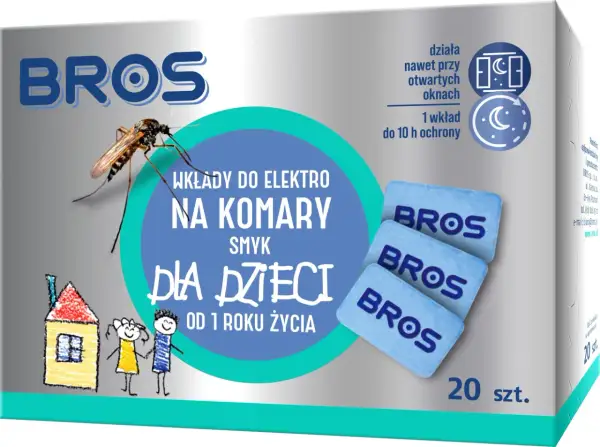 Bros wkłady do elektro na komary dla dzieci, chronią dom przed owadami przez 10h. Opakowanie zawiera 20 sztuk.