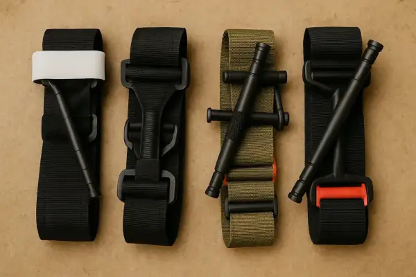 Cuatro tipos de torniquetes de emergencia, dos negros y uno verde militar, listos para usar.