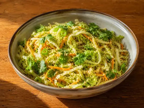 En skål med asiatisk kålsallad med strimlad kål, morötter, koriander och sesamfrön.
