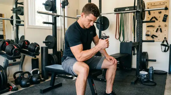 Man in a home gym using hand grippers for forearms. Weights, resistance bands, and a squat rack are visible.