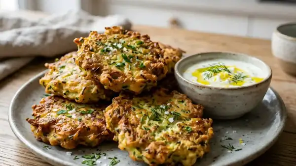 Délicieux beignets de courgette dorés, parsemés d'herbes fraîches, servis avec une sauce crémeuse.