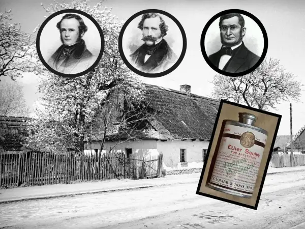 Trzej pionierzy medycyny i puszka eteru, symbol postępu w anestezji.