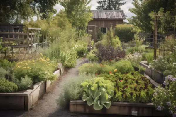 Ein üppiger Garten mit Hochbeeten, in denen Blumenkohl und andere Pflanzen als gute Nachbarn gedeihen. Ein Weg führt durch das grüne Paradies.