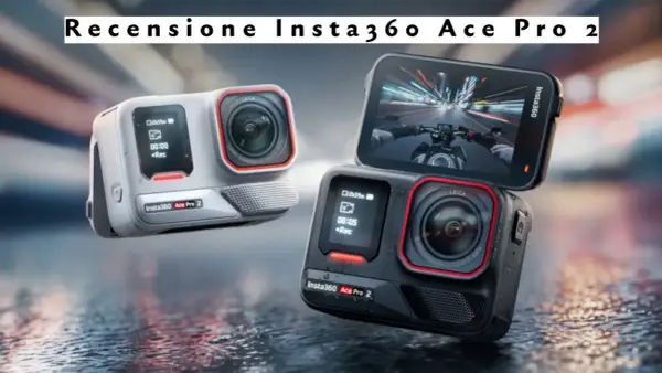 Due action cam Insta360 Ace Pro 2, una bianca e una nera, su sfondo bagnato. La nera mostra una ripresa in prima persona da moto.