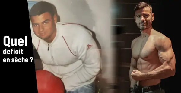 Avant/après transformation physique. L'image montre un homme avant et après avoir atteint un déficit calorique pour la sèche.