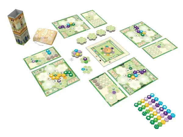 Brettspiel-Komponenten für die Azul Spiel Erweiterung: Spielbretter, Stoffbeutel, Türmchen und bunte Spielsteine.