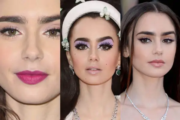 Lily Collins con makeup che esalta l'armocromia inverno profondo: labbra fucsia, ombretto lilla e eyeliner viola.