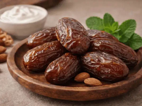 En träskål med dadlar, mandlar och mynta. Dessa dadlar nyttigt är en perfekt energiboost.