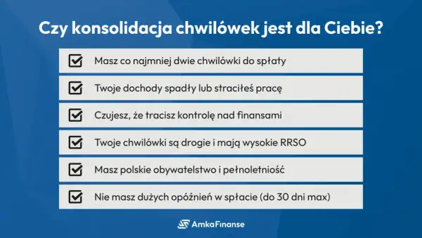 Czy konsolidacja chwilówek jest dla Ciebie? Sprawdź, czy masz co najmniej dwie chwilówki, spadły dochody, tracisz kontrolę nad finansami lub chwilówki są drogie.