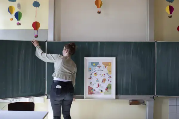 Lehrerin vor Tafel mit Poster "Es ist gut, dass es mich gibt!". Bunte Ballons hängen von der Decke. Ein Beispiel für heilende Klassenzimmer.