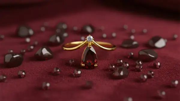 Anillo de oro con una lágrima de piedra enero y un diamante, rodeado de granates sobre tela burdeos.