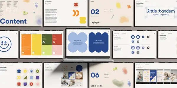 Screenshots of a brand bible presentation, showcasing color palettes, geometric shapes, logotype variations, and social media mockups for "little tandem.