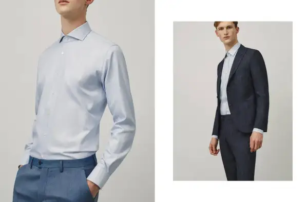 Uomo con camicia azzurra e pantaloni blu, e uomo con completo blu scuro e camicia a righe. Guida su come indossare una camicia da uomo.
