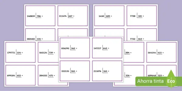 Ejercicios de divisiones para niños de 3 de primaria. Muestran operaciones matemáticas con números grandes y pequeños.