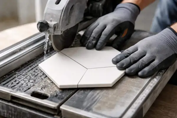 Gants gris protégeant des mains qui guident une découpe de carrelage hexagonale sur une machine à eau.