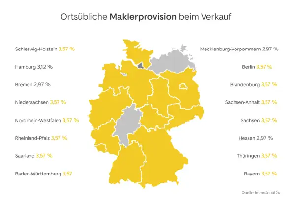 Karte Deutschlands zeigt die ortsübliche Maklerprovision. In NRW beträgt sie 3,57%.