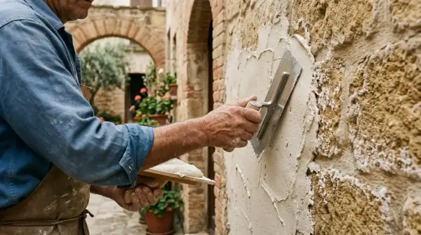 Artigiano applica intonaco minerale su un muro di pietra grezza, con un arco in mattoni sullo sfondo.