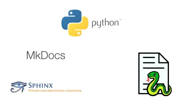 Logo Python, MkDocs et Sphinx, générateurs de documentation. Le serpent Python sur un document symbolise la fonction help Python.