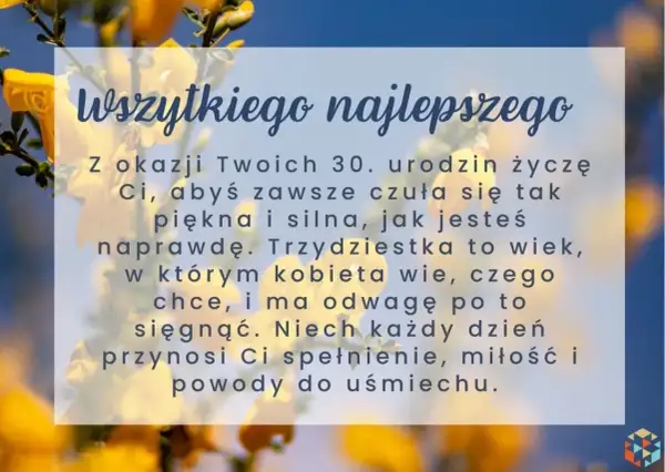 Życzenia urodzinowe dla chrześnicy na 30. urodziny. Piękne kwiaty i niebieskie niebo w tle.